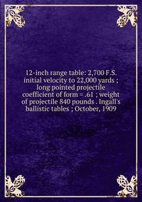 12-inch range table: 2,700 F.S. initial velocity to 22,000 yards ; long pointed projectile coefficient of form = .61 ; weight of projectile 840 pounds . Ingall's ballistic tables ; October, 1909