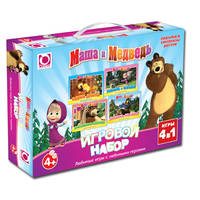 Маша и Медв.Игровой набор.4 настольные игры + пазл в подарок, коробка с ручкой 00633