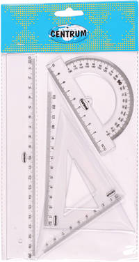 Набор линеек: линейка 20 см., транспортир, треугольник 10см 45*45*90, треугольник 13см 30*60*90 в индивидуальной упаковке с европодвесом.