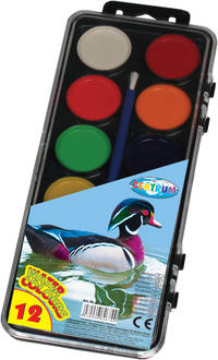 Акварель медовая 12 цветов "ZOO" с кистью в пластиковой упаковке с прозрачной крышкой с европодвесом в термопленке. Диаметр ячейки для заливки краски