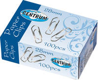 Скрепки канцелярские никелированные фигурные 28мм; 100 штук в картонной коробке.