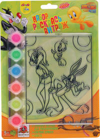 Витражная картинка-трафарет &quot;Веселые Мультяшки&quot; (Looney Tunes): 17*9 см с набором красок,кисть